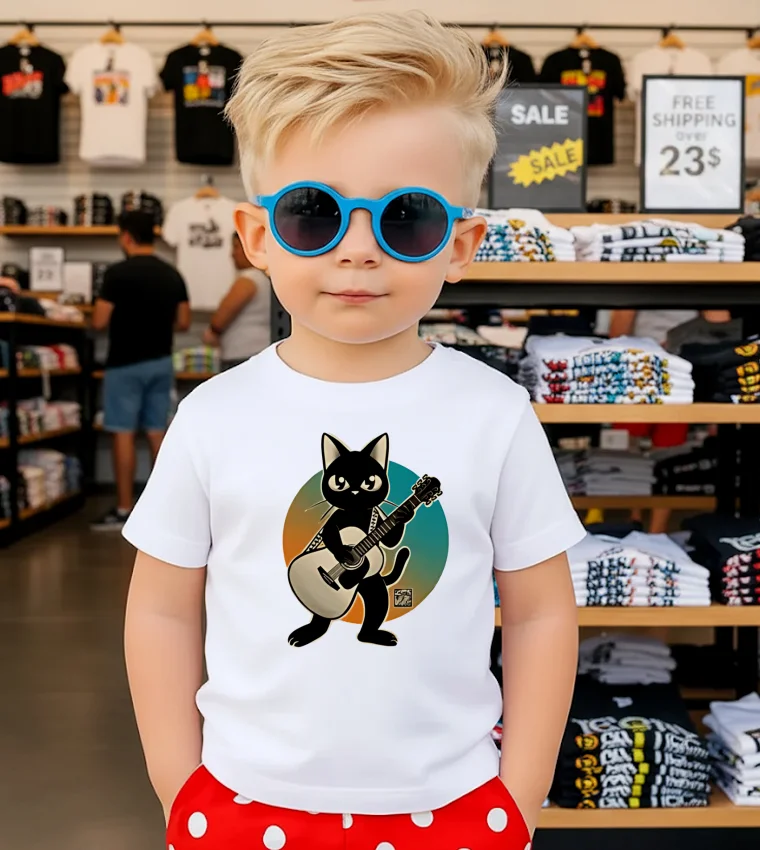 Acoustic Guitar Black Cat T - kids-t-shirt Acoustic Guitar Black Cat T Kids T Shirt