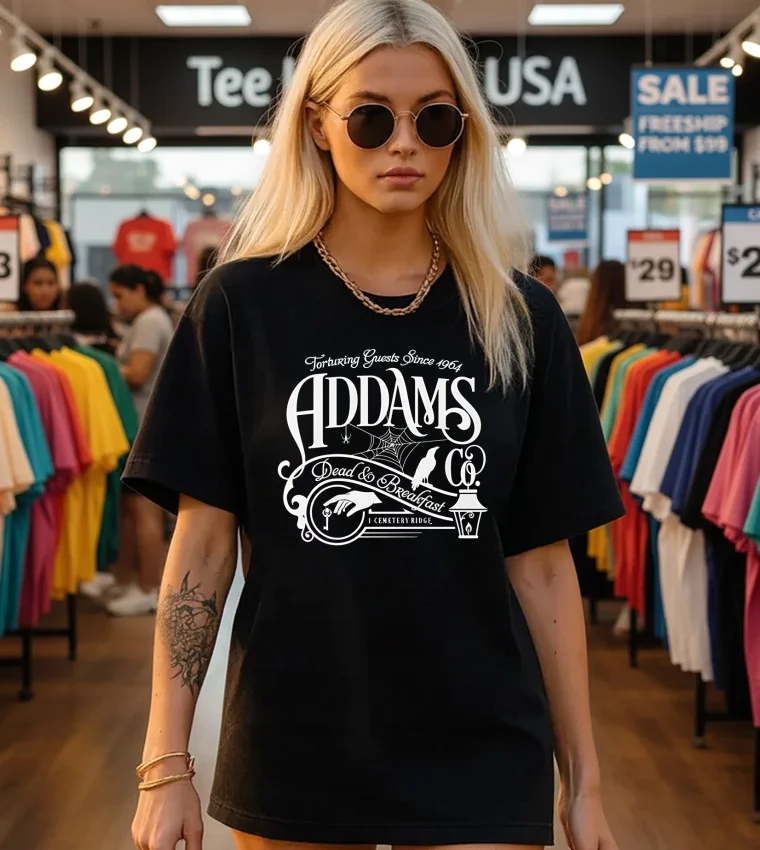 Addams Dead And Breakfast Wednesday - black-t-shirt Addams Dead And Breakfast Wednesday Black T Shirt