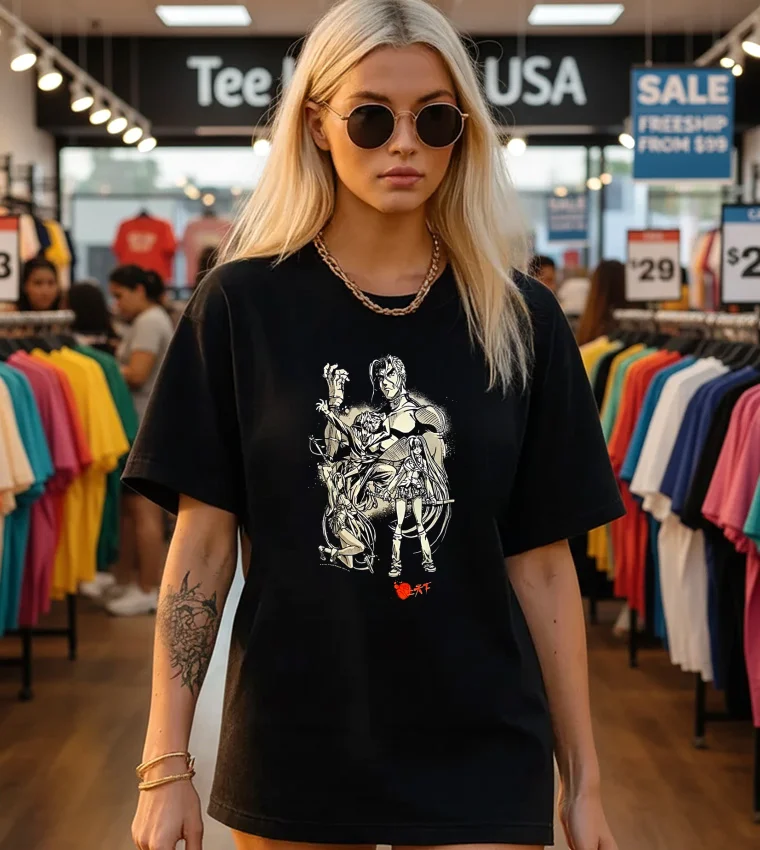 Anime Character Group Japanese Text - black-t-shirt Anime Character Group Japanese Text Black T Shirt