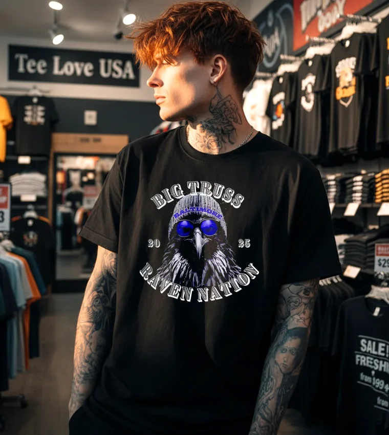 Big Truss Baltimore Raven Nation 2025 Bird Wearing Beanie Sunglasses - black t-shirt Big Truss Baltimore Raven Nation 2025 Bird Wearing Beanie Sunglasses Black T Shirt