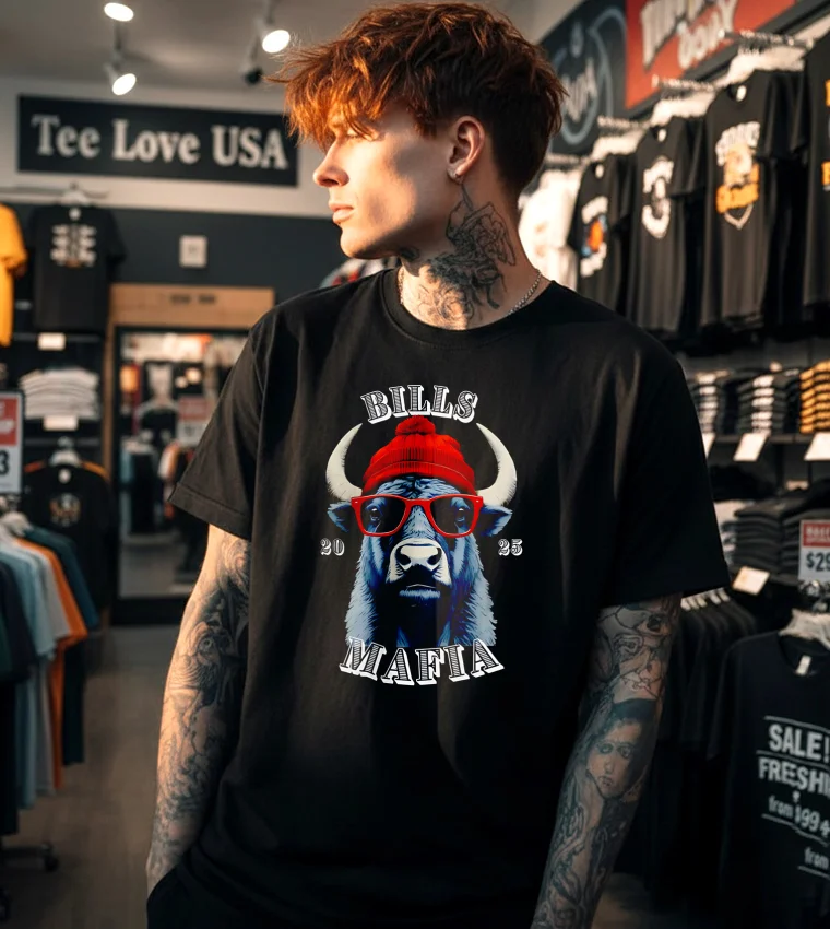 Bills Mafia 2025 Buffalo Wearing Beanie Sunglasses - black t-shirt Bills Mafia 2025 Buffalo Wearing Beanie Sunglasses Black T Shirt