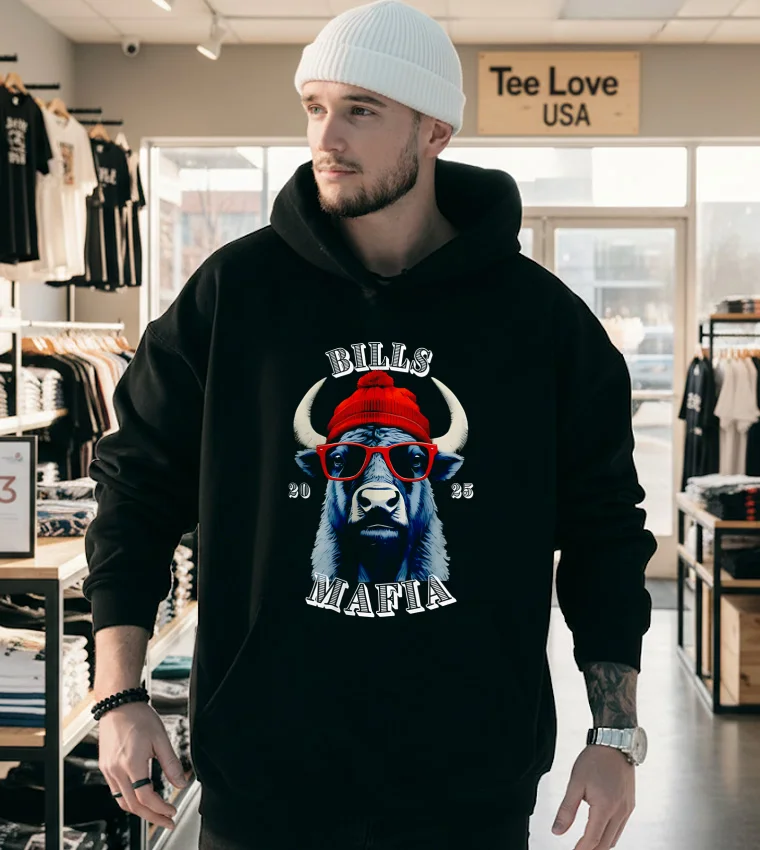 Bills Mafia 2025 Buffalo Wearing Beanie Sunglasses - hoodie-black Bills Mafia 2025 Buffalo Wearing Beanie Sunglasses Hoodie Black