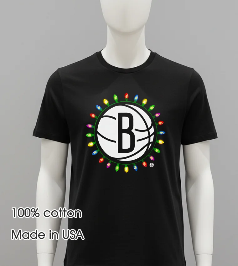 Brooklyn Nets Logo Lights Merry Christmas - balck-shirt Brooklyn Nets Logo Lights Merry Christmas Balck Shirt