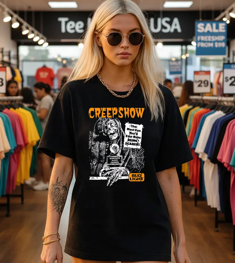 Bud Light Creepshow The Most Fun You Ll Ever Have Being Scared Mashup Grim Reaper Halloween - black-t-shirt Bud Light Creepshow The Most Fun You Ll Ever Have Being Scared Mashup Grim Reaper Halloween Black T Shirt