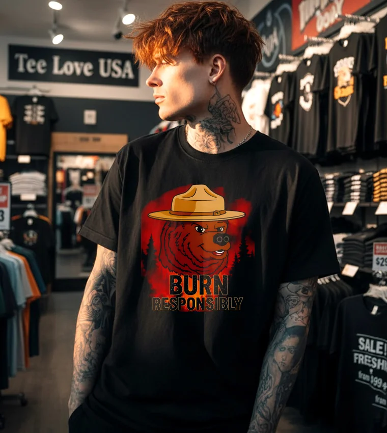 Burn Responsibly Smokey The Bear Grumpy Face Forest Fire - black t-shirt Burn Responsibly Smokey The Bear Grumpy Face Forest Fire Black T Shirt