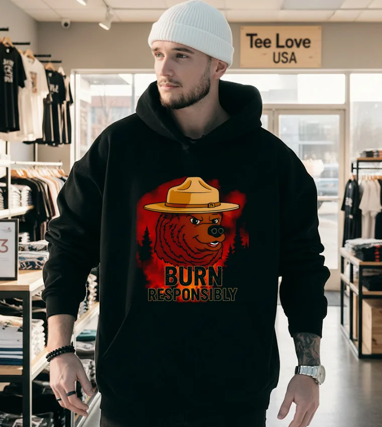 Burn Responsibly Smokey The Bear Grumpy Face Forest Fire - hoodie-black Burn Responsibly Smokey The Bear Grumpy Face Forest Fire Hoodie Black