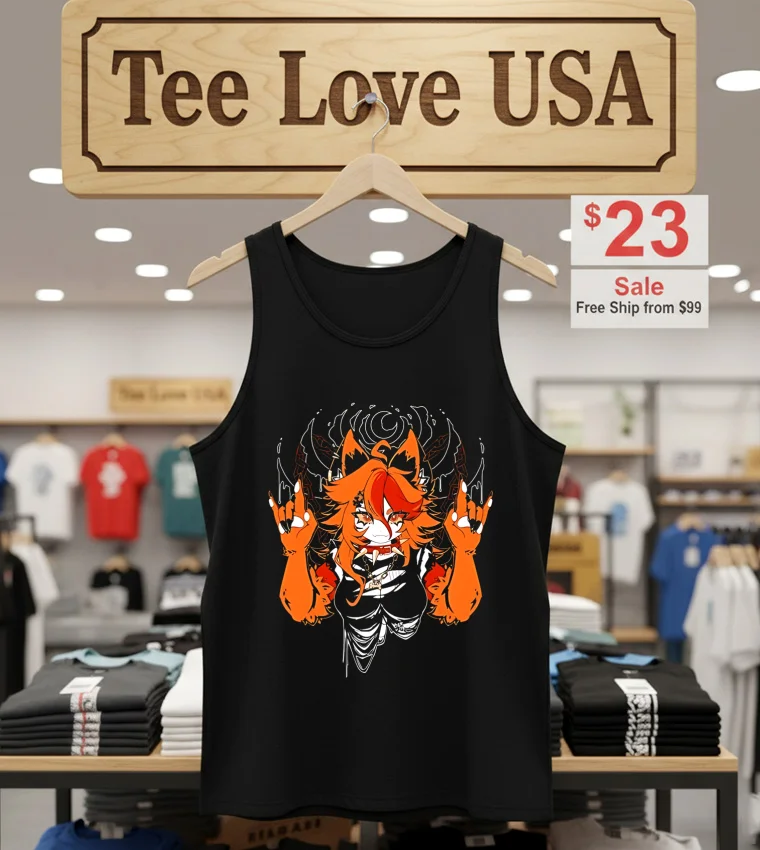 Fox Girl Rock Metal Orange Anime - tank-top-black Fox Girl Rock Metal Orange Anime Tank Top Black