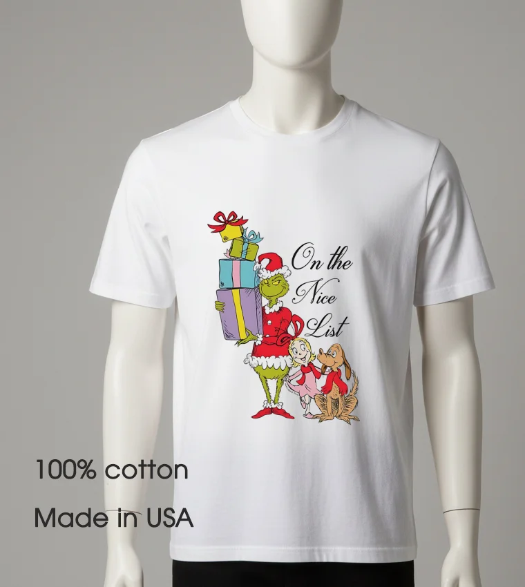 Grinch On The Nice List - white-t-shirt Grinch On The Nice List White T Shirt