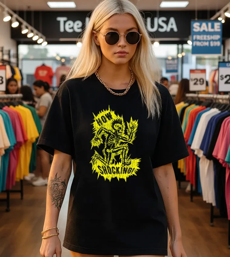 How Shocking Skeleton Mohawk Electricity Punk - black-t-shirt How Shocking Skeleton Mohawk Electricity Punk Black T Shirt