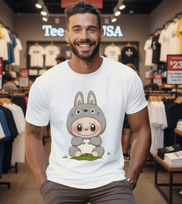 Labubu Cute Totoro Holding A Leaf - mens-white-t-shirt Labubu Cute Totoro Holding A Leaf Mens White T Shirt