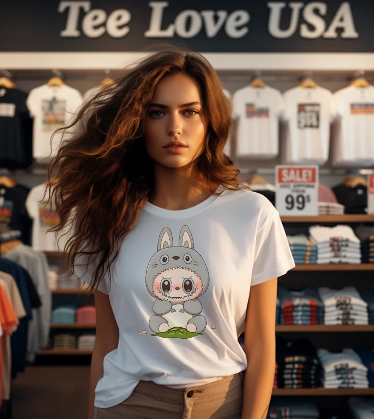Labubu Cute Totoro Holding A Leaf - white-t-shirt Labubu Cute Totoro Holding A Leaf White T Shirt