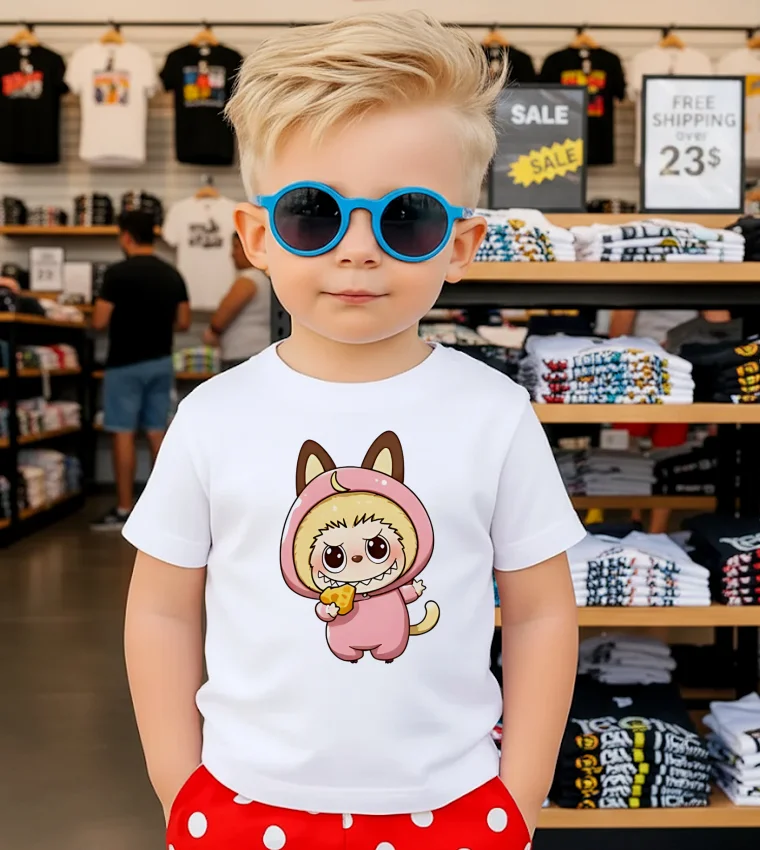 Labubu Wearing Pink Cat Costume Holding Cheese Slice - kids-t-shirt Labubu Wearing Pink Cat Costume Holding Cheese Slice Kids T Shirt