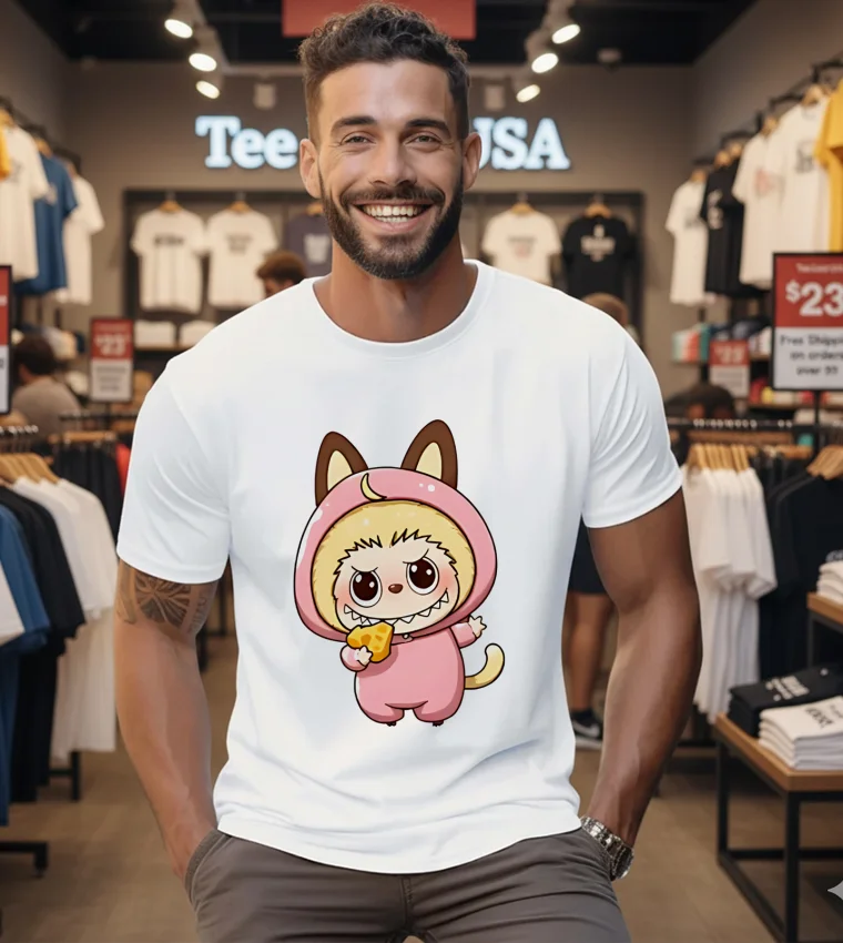 Labubu Wearing Pink Cat Costume Holding Cheese Slice - mens-white-t-shirt Labubu Wearing Pink Cat Costume Holding Cheese Slice Mens White T Shirt