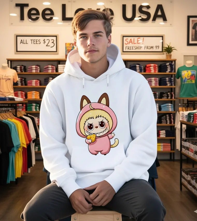 Labubu Wearing Pink Cat Costume Holding Cheese Slice - white-hoodie Labubu Wearing Pink Cat Costume Holding Cheese Slice White Hoodie