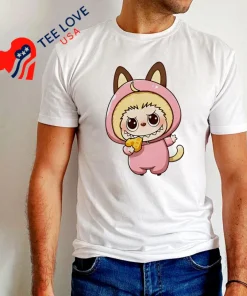 Labubu Wearing Pink Cat Costume Holding Cheese Slice Shirt