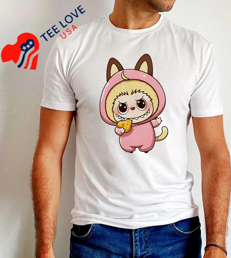 Labubu Wearing Pink Cat Costume Holding Cheese Slice - white-t-shirt Labubu Wearing Pink Cat Costume Holding Cheese Slice White T Shirt