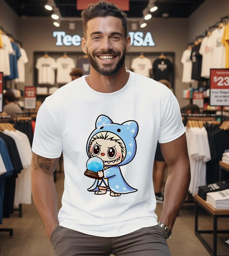 Labubu Wearing Witch Wizard Bear Costume Holding Crystal Ball - mens-white-t-shirt Labubu Wearing Witch Wizard Bear Costume Holding Crystal Ball Mens White T Shirt