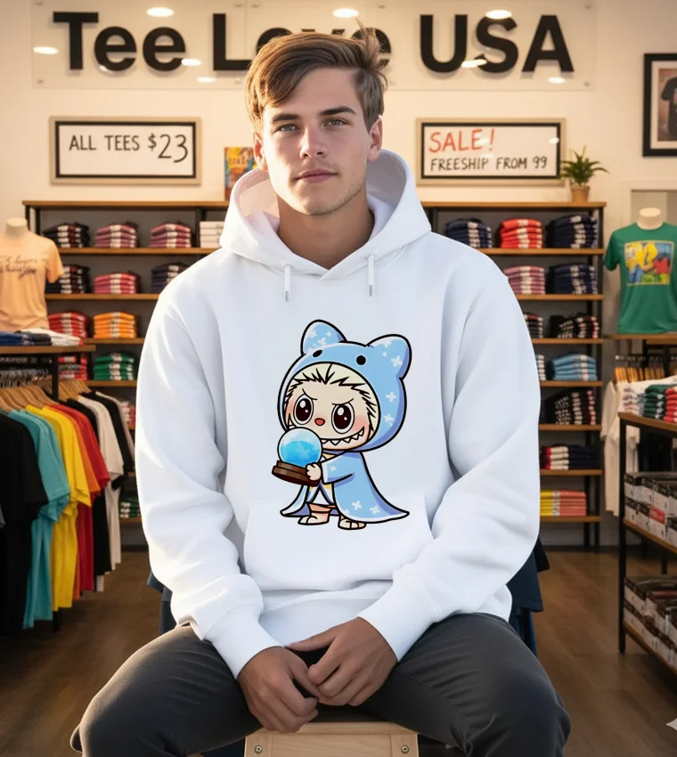 Labubu Wearing Witch Wizard Bear Costume Holding Crystal Ball - white-hoodie Labubu Wearing Witch Wizard Bear Costume Holding Crystal Ball White Hoodie