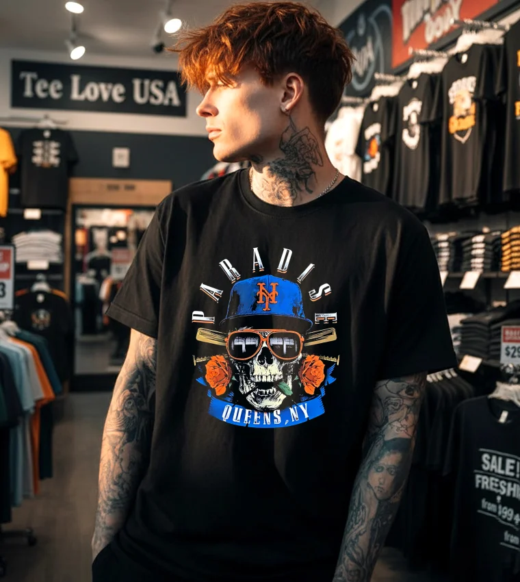 Paradise Queens Ny Baseball Skull Sunglasses Rose - black t-shirt Paradise Queens Ny Baseball Skull Sunglasses Rose Black T Shirt