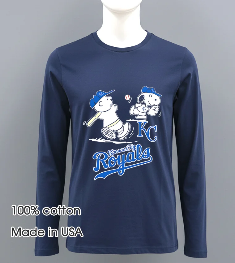 Peanuts Charlie Brown And Snoopy Playing Baseball Kansas City Royals Navy Shirt