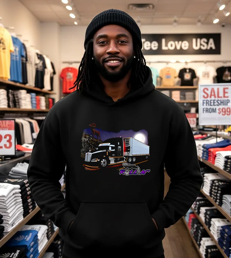 Rollin Black Truck Under Moonlight With A Big Horn Ram - black-hoodie Rollin Black Truck Under Moonlight With A Big Horn Ram Black Hoodie