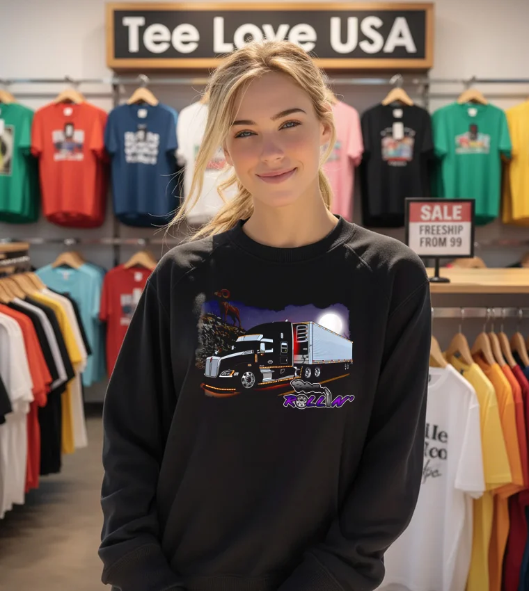 Rollin Black Truck Under Moonlight With A Big Horn Ram - sweatshirt Rollin Black Truck Under Moonlight With A Big Horn Ram Sweatshirt