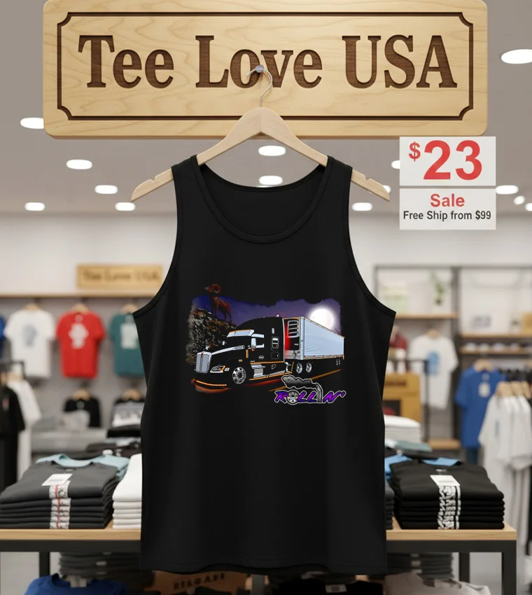 Rollin Black Truck Under Moonlight With A Big Horn Ram - tank-top-black Rollin Black Truck Under Moonlight With A Big Horn Ram Tank Top Black