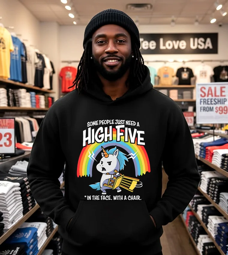 Unicorn Some People Just Need A High Five In The Face With A Chair - black-hoodie Unicorn Some People Just Need A High Five In The Face With A Chair Black Hoodie