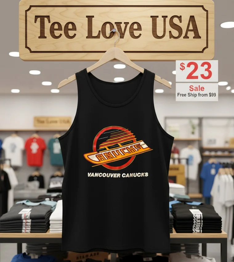 Vancouver Canucks Retro V Logo Hockey Graphic - tank-top-black Vancouver Canucks Retro V Logo Hockey Graphic Tank Top Black