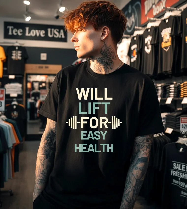 Will Lift For Easy Health Barbell Gym - black t-shirt Will Lift For Easy Health Barbell Gym Black T Shirt