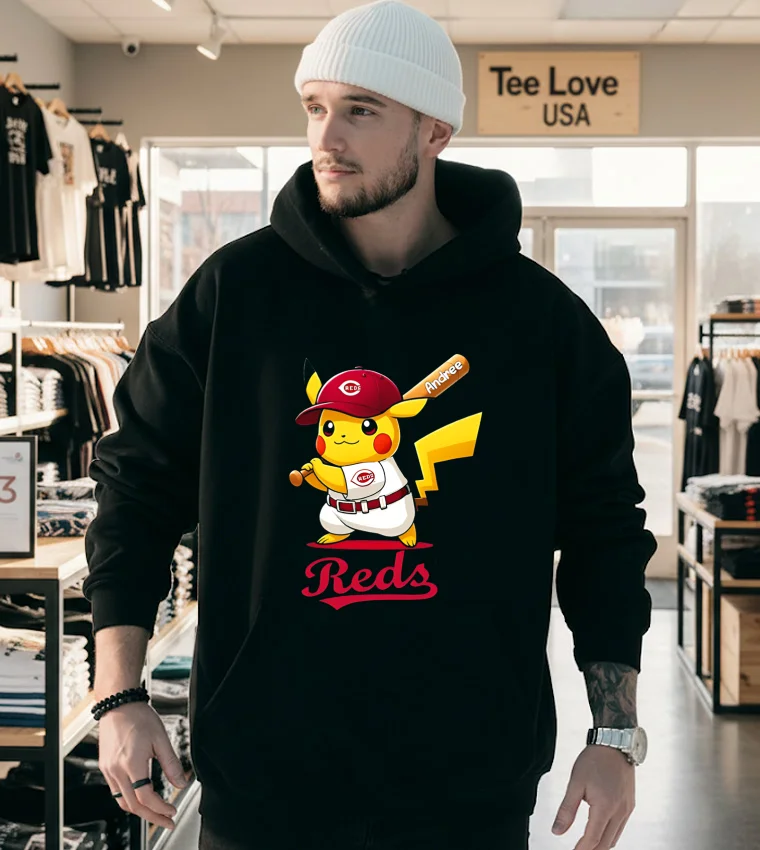 Cincinnati Reds Pikachu Shirt - hoodie-black Cincinnati Reds Pikachu Shirt Hoodie Black