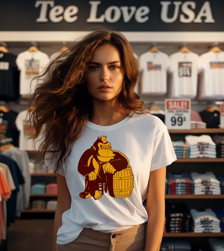 Donkey Kong Gorilla Sitting On A Barrel Video Game - white-t-shirt Donkey Kong Gorilla Sitting On A Barrel Video Game White T Shirt