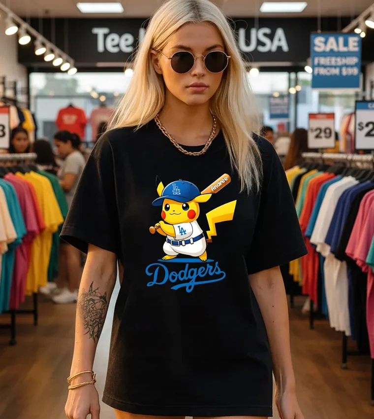 Los Angeles Dodgers Pikachu Shirt - black-t-shirt Los Angeles Dodgers Pikachu Shirt Black T Shirt