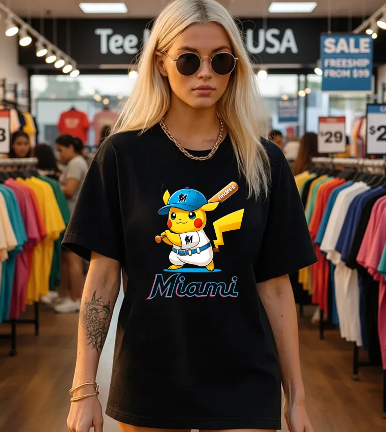 Miami Marlins Pikachu Shirt - black-t-shirt Miami Marlins Pikachu Shirt Black T Shirt