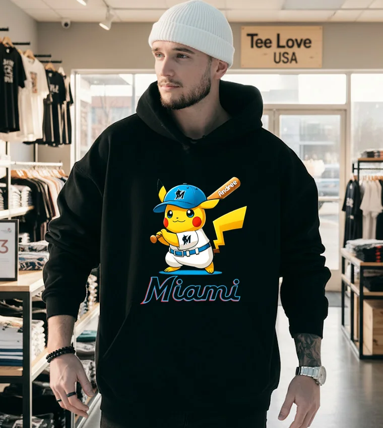 Miami Marlins Pikachu Shirt - hoodie-black Miami Marlins Pikachu Shirt Hoodie Black