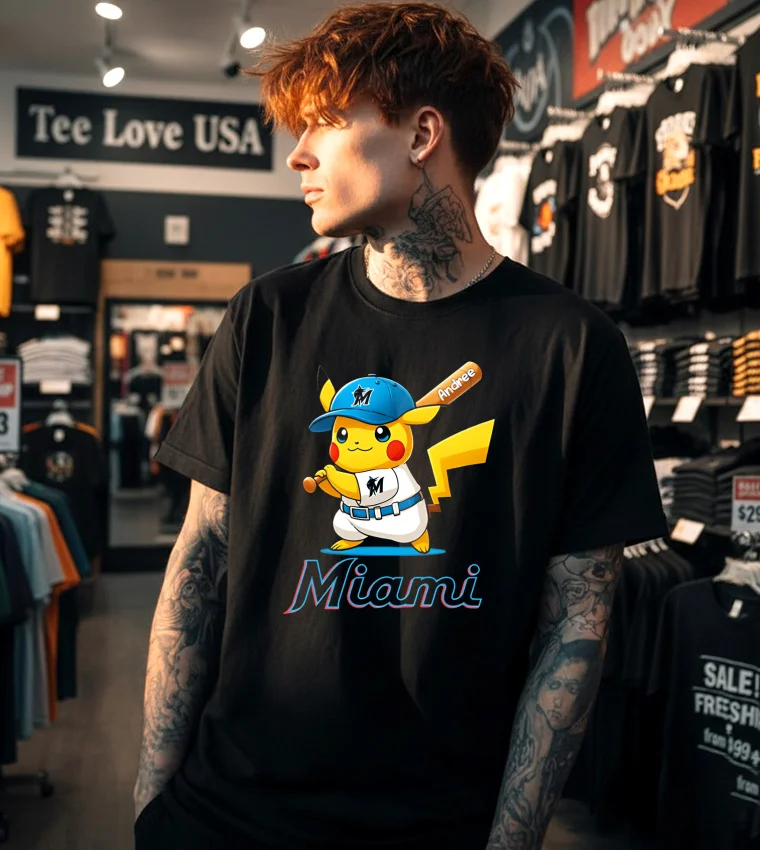 Miami Marlins Pikachu Shirt - black t-shirt Miami Marlins Pikachu Shirt Black T Shirt