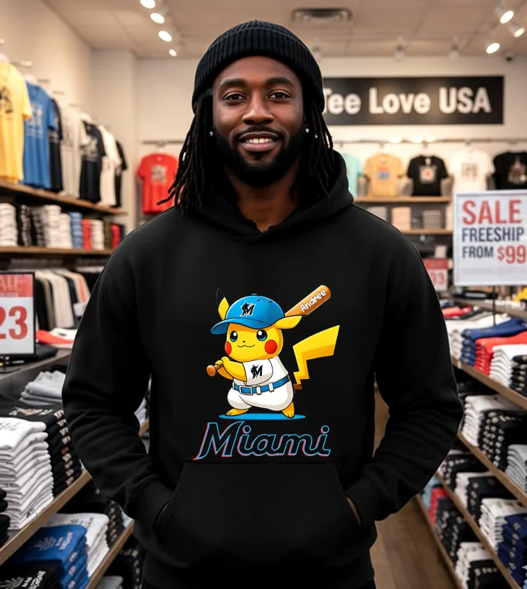 Miami Marlins Pikachu Shirt - black-hoodie Miami Marlins Pikachu Shirt Black Hoodie