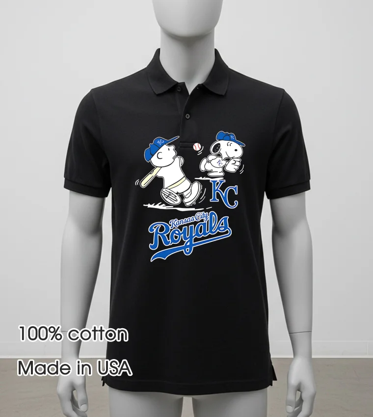 Peanuts Charlie Brown And Snoopy Playing Baseball Kansas City Royals - balck-shirt Peanuts Charlie Brown And Snoopy Playing Baseball Kansas City Royals Balck Shirt 2